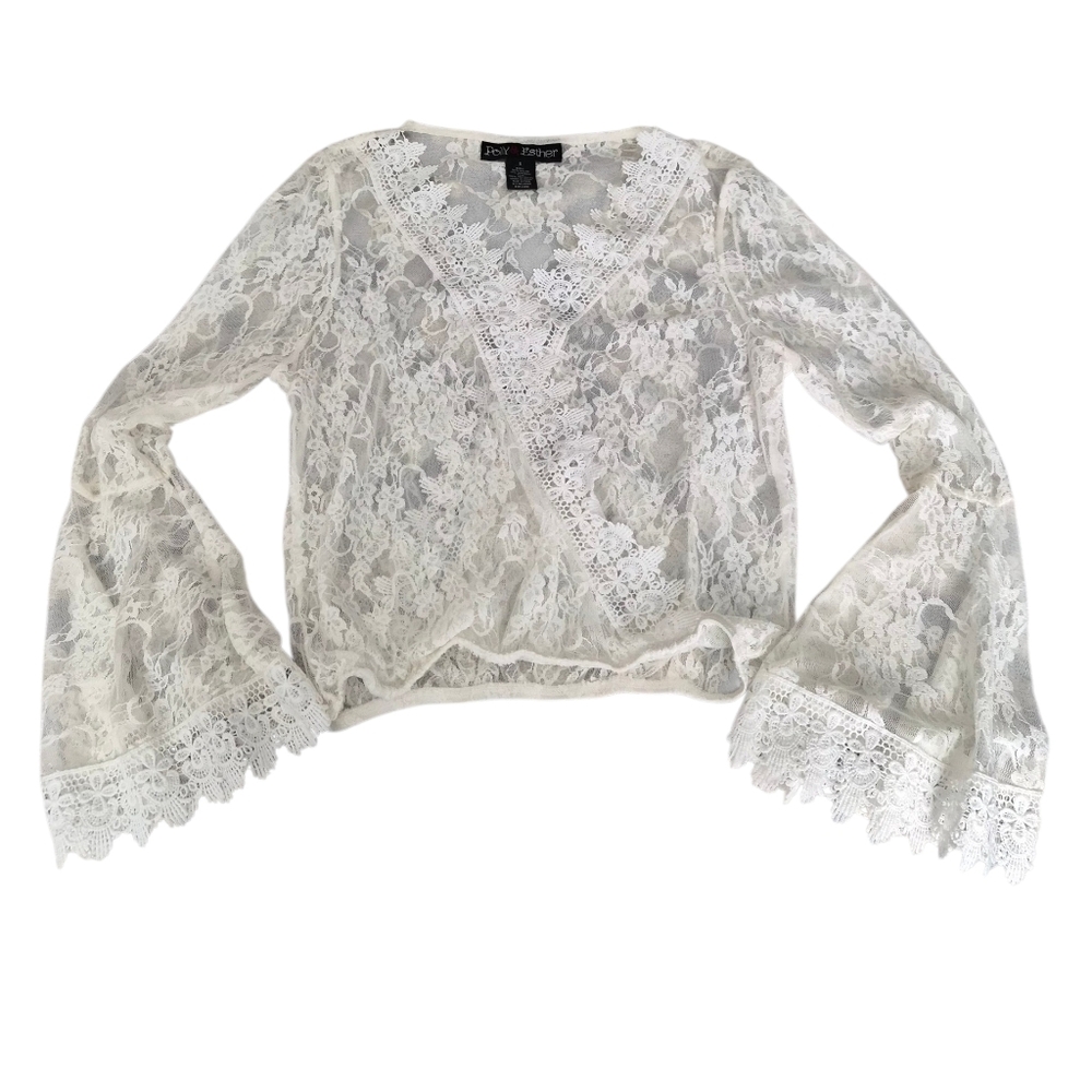 Polly & Esther White Lace Wrap Bell-Sleeve Blouse